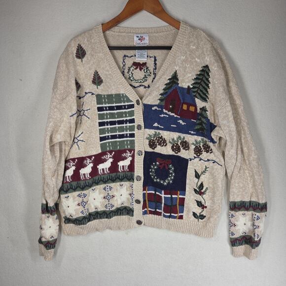 Vintage Sweater Nut Cracker Cardigan XL Beige Christmas Party Deer Forest Cabin - Picture 10 of 11